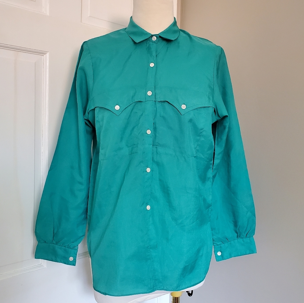 Vintage 70s 80s shirt blue Teal button blouse front pocket size S M California